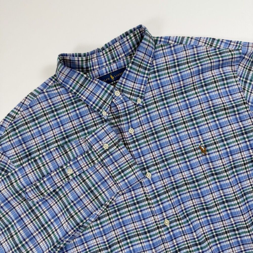 Ralph Lauren XXL Slim Fit Stretch Oxford Plaid Button Down Shirt Blue Green